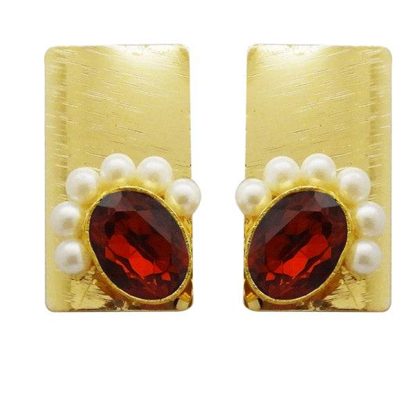 Kriaa Maroon Resin Stone Gold Plated Pearl Dangler Earrings