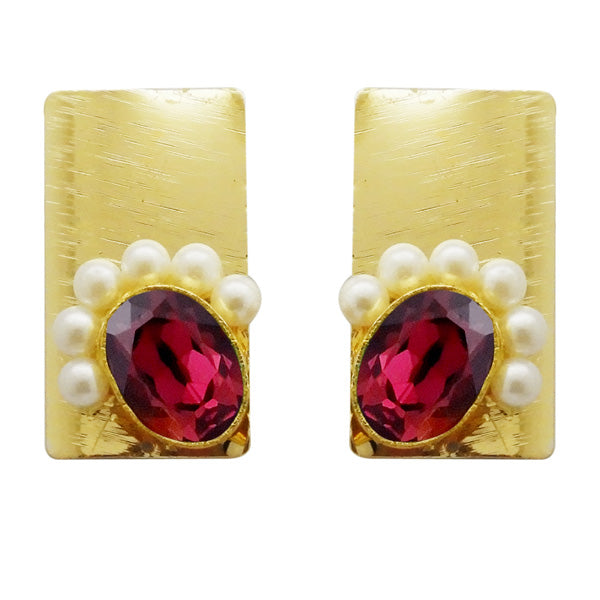 Kriaa Purple Resin Stone Gold Plated Pearl Dangler Earrings