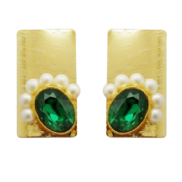Kriaa Gold Pated Green Resin Stone Pearl Dangler Earrings
