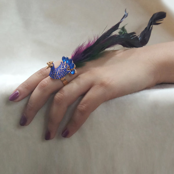 Urthn Blue Austrian Stone Peacock Adjustable Feather Ring