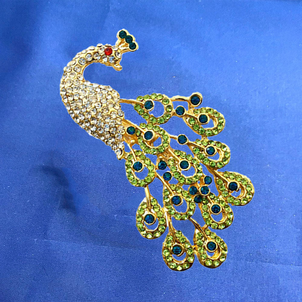 Mahi Gold Plated Plated Green Crystal Studed Peacock Brooch For Women