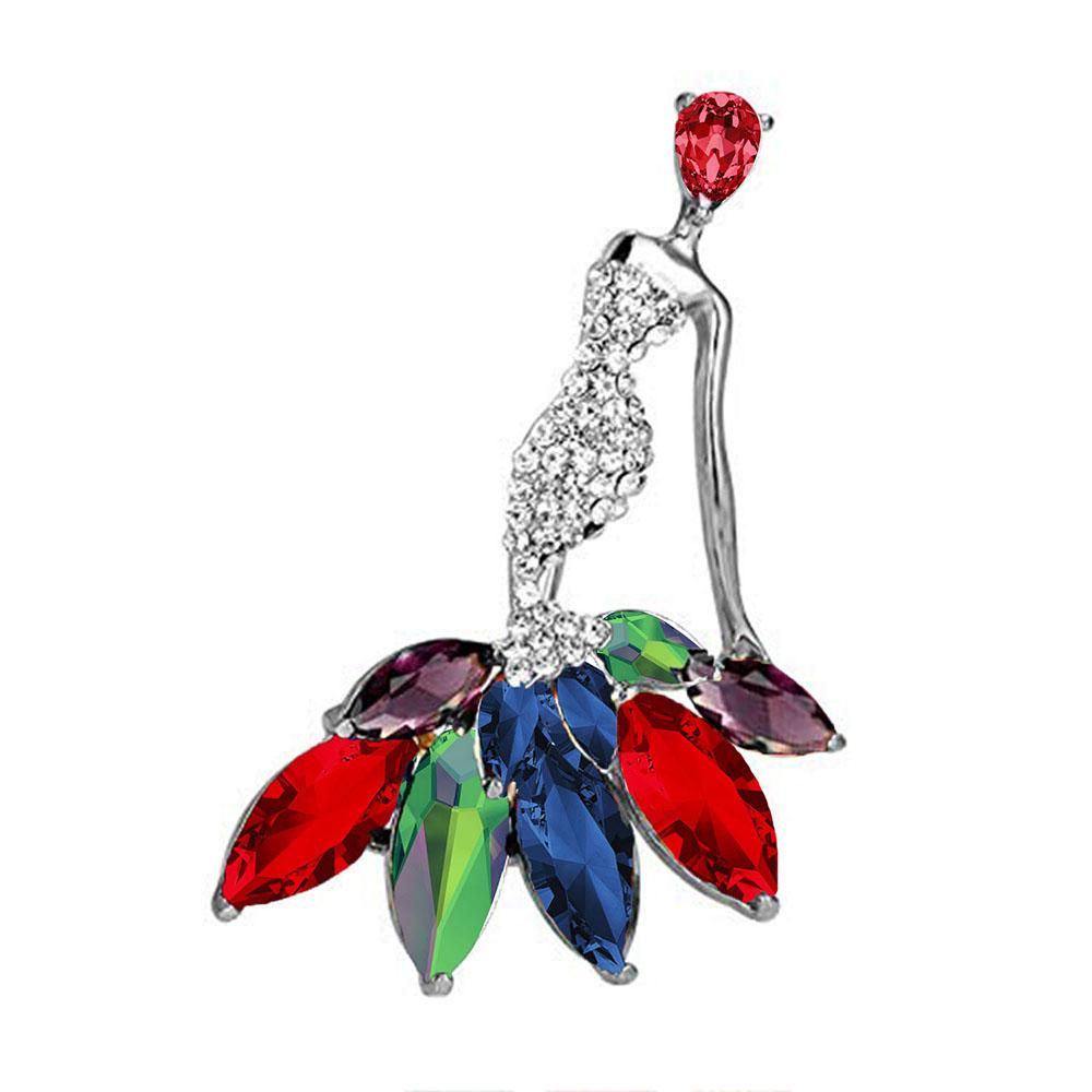 Mahi Rhodium Plated Dancing Doll Multicolour Crystal Brooch for girls and women