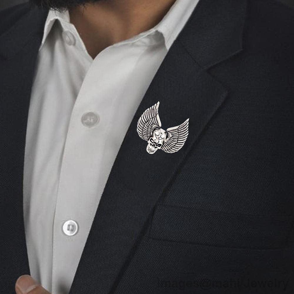 Mahi Rhodium Plated Skull and Wings Shirt Stud Brooch Pin for Men (BP1101046R)