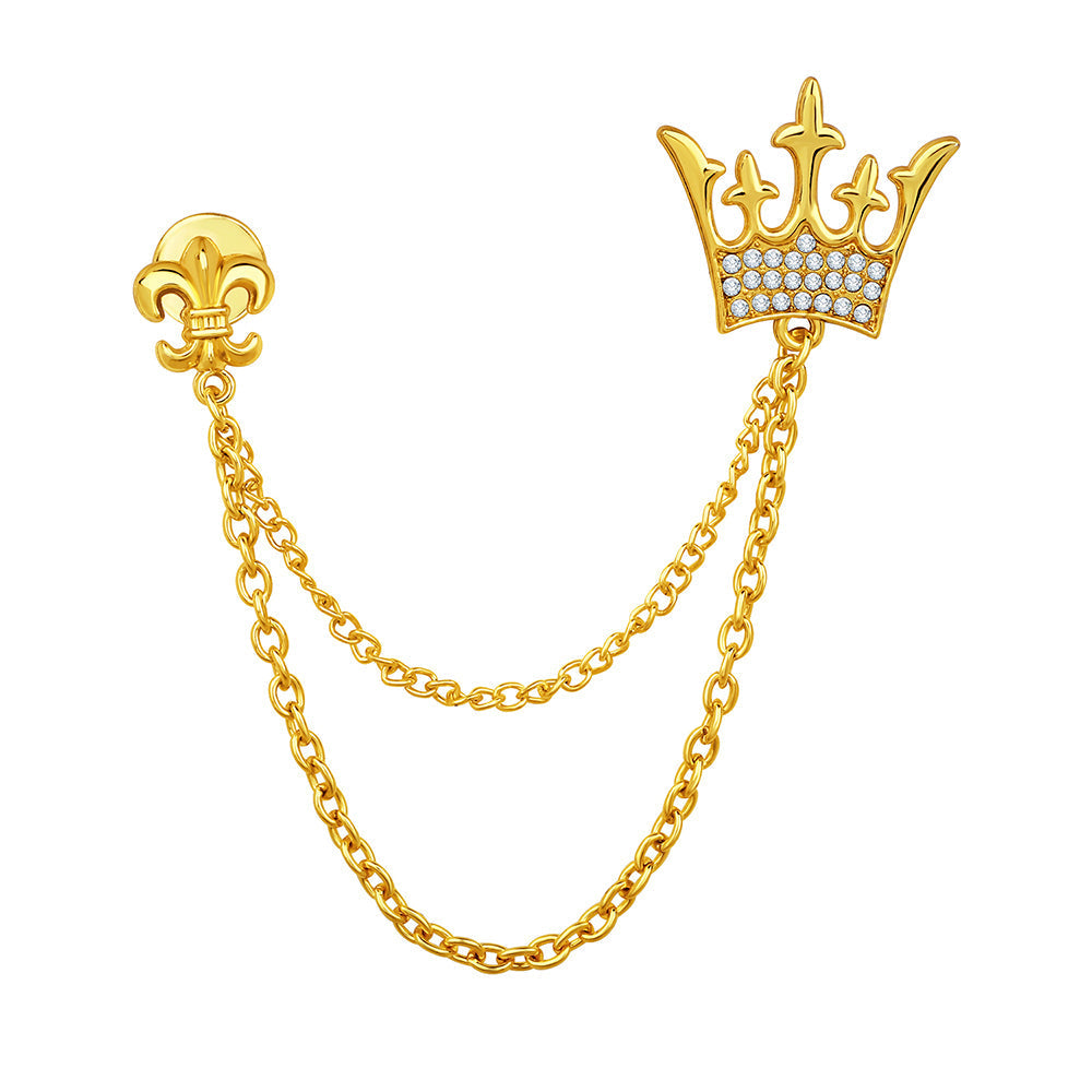 Mahi White Crystals Men's Royal Crown Dual Chain Brooch (BP1101052G)