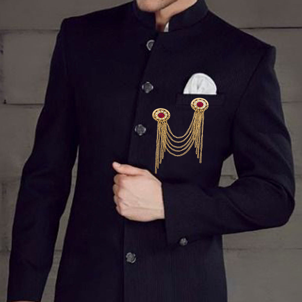 Mahi Gold Plated Maroon and White Crystal Dual Circular 5 Layer Chain Brooch for Men (BP1101054G)
