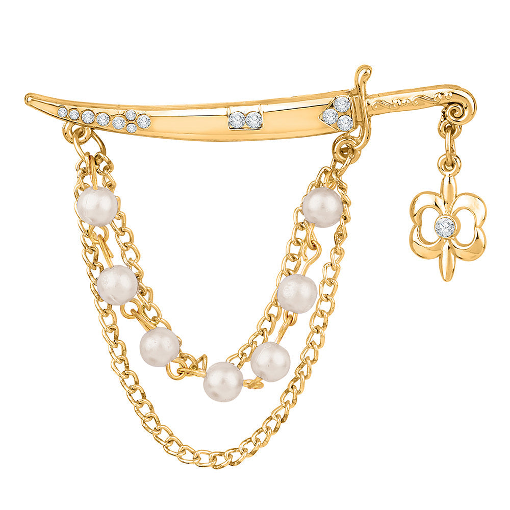 Mahi Gold Plated White Crystal and Artificial Pearl Sword Shape Tripple Layer Chain Brooch for Men (BP1101056G)