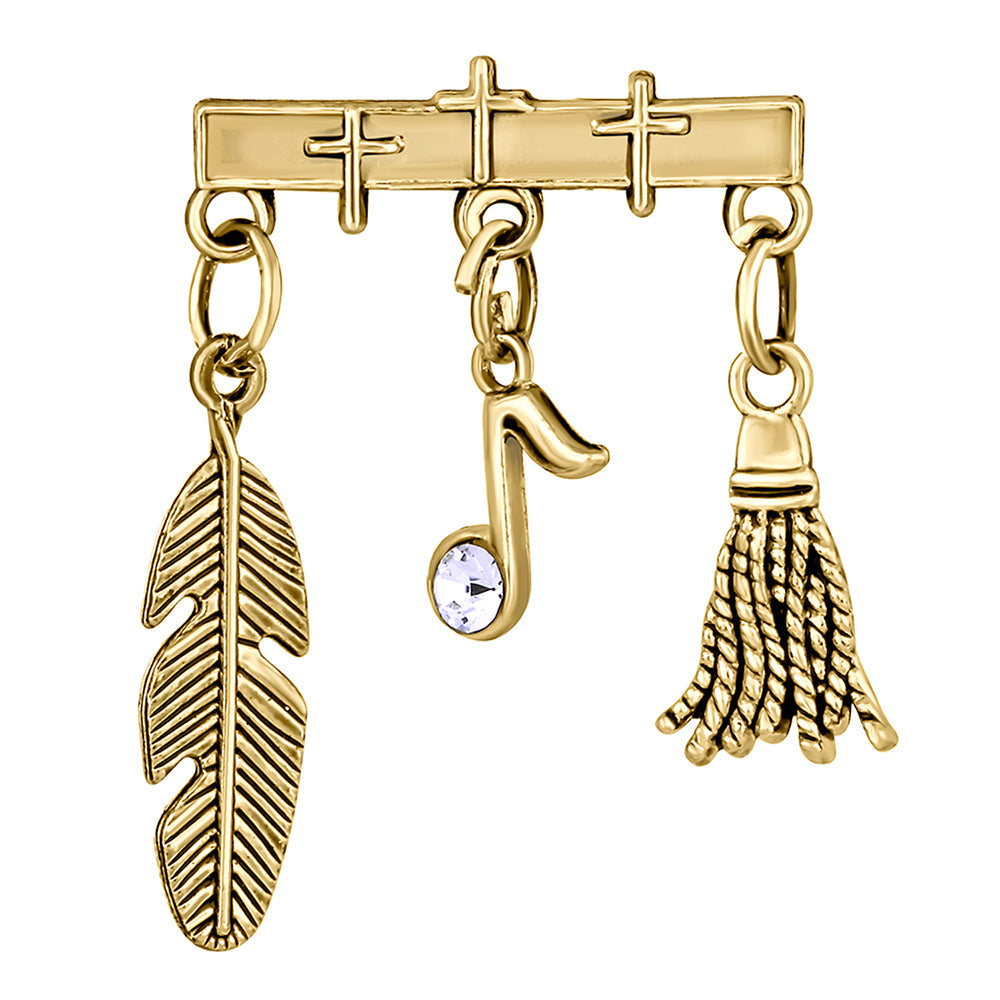 Mahi Gold Plated Brooch with Hanging Feather, Musical Note and Broom for Men (BP1101060G)