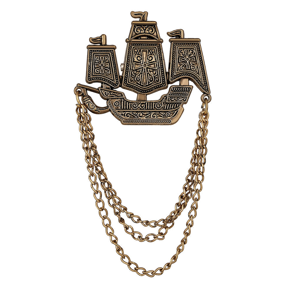 Mahi Antique Gold Plated Ship Multi Layer Hanging Chain Sherwani Brooch for Men (BP1101083G)