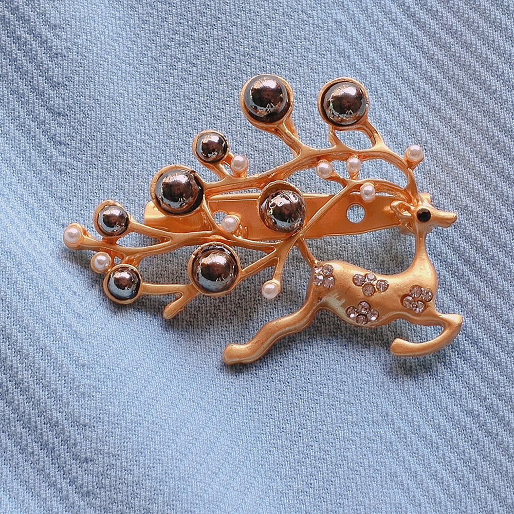 Mahi Running Deer Shaped Shirt Stud / Brooch Lapel Pin with Artificial Pearl and Crystals for Women (BP1101091GBro)