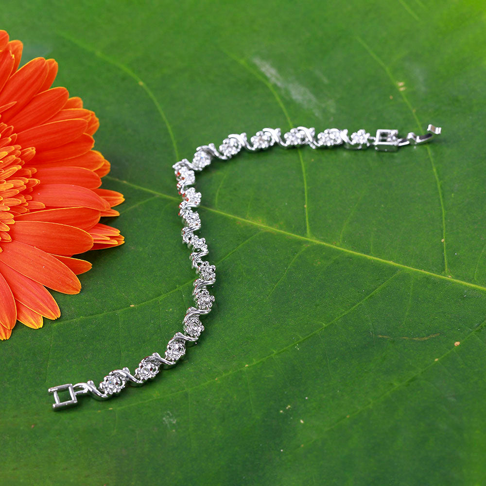 Mahi Rhodium Plated Floral And Leaves Bracelet With Crystal For Women