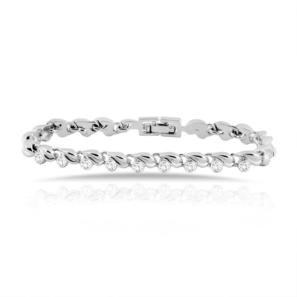 Mahi Rhodium Plated Leafy Bracelet With Crystal For Women