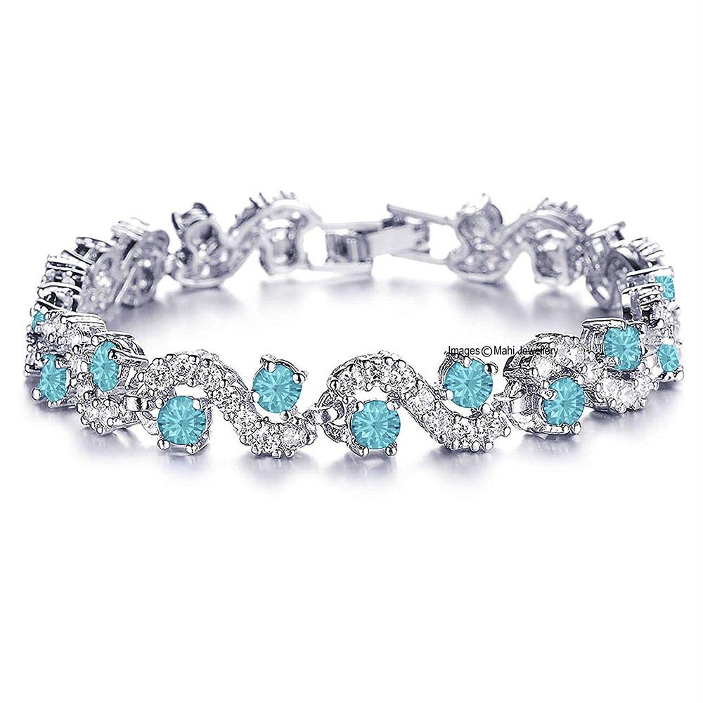 Mahi Rich Royal Aqua Blue Crystals Bracelet