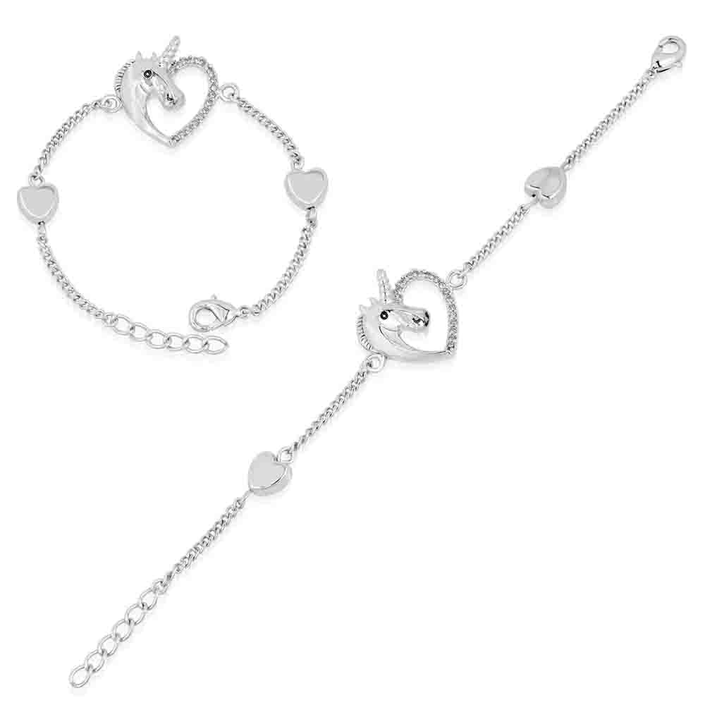 Mahi Rhodium Plated Heart Love Innocent Unicorn Bracelet with Crystal Stones