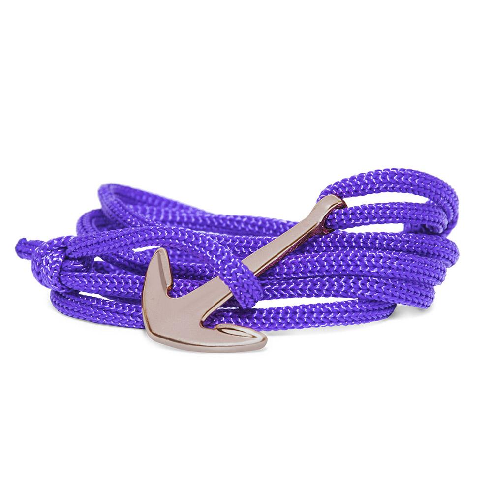 Mahi Anchor In Loop Rose Gold Plated Adjustable Purple Rope Style Unisex Bracelet