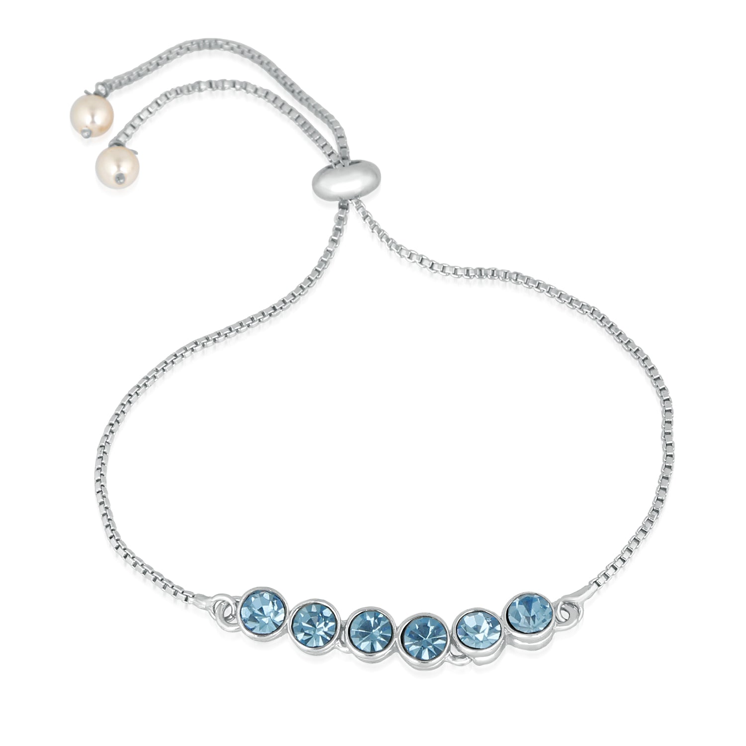 Mahi Rhodium Plated Gleaming Blue Solitaire Crystal Adjustable Bracelet