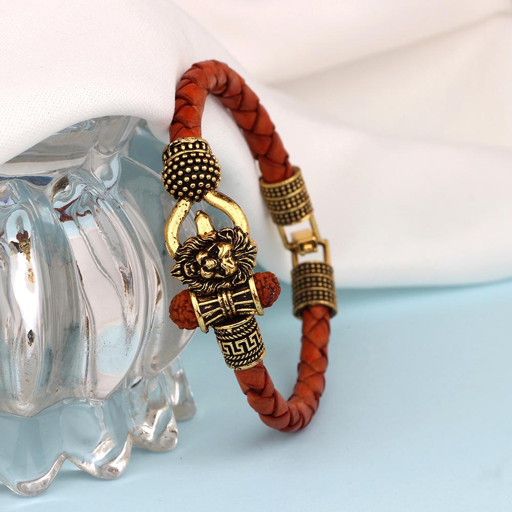 Mahi Lord Shiv Trishul Damru Narasimha Rudraksh Leather Bracelet Kada for Men (BR1100424G)