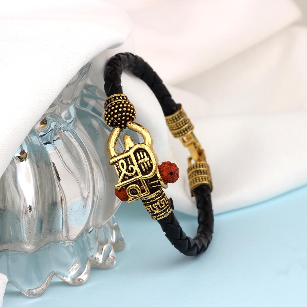 Mahi Lord Shiv Mahakal Shiva Trisul, Rudraksh Leather Bracelet Kada for Men (BR1100429G)