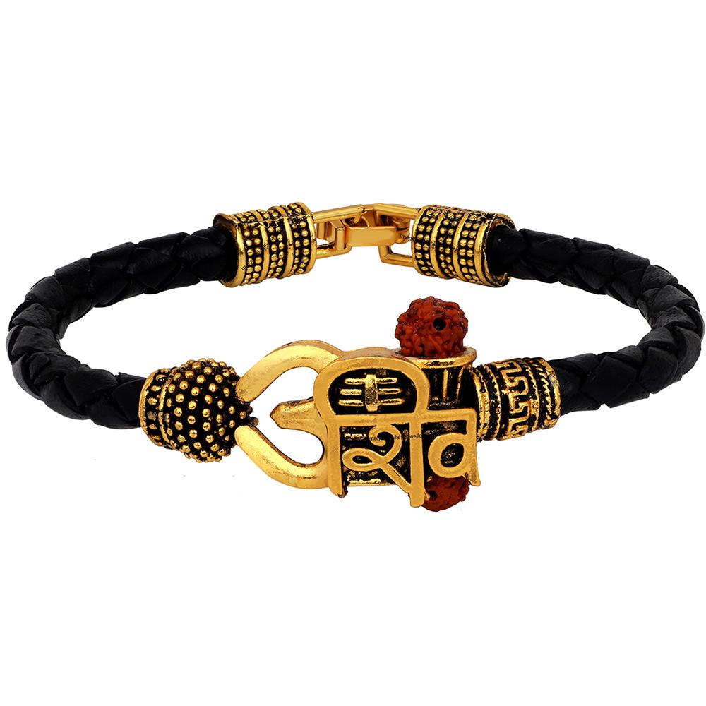 Mahi Lord Shiv Mahakal Shiva Trisul, Rudraksh Leather Bracelet Kada for Men (BR1100429G)