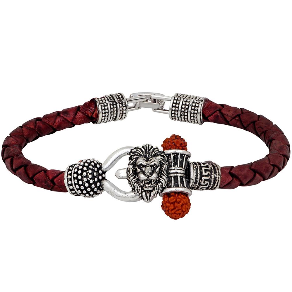 Mahi Lord Shiv Trishul Damru Narasimha Rudraksh Leather Bracelet Kada for Men (BR1100430R)