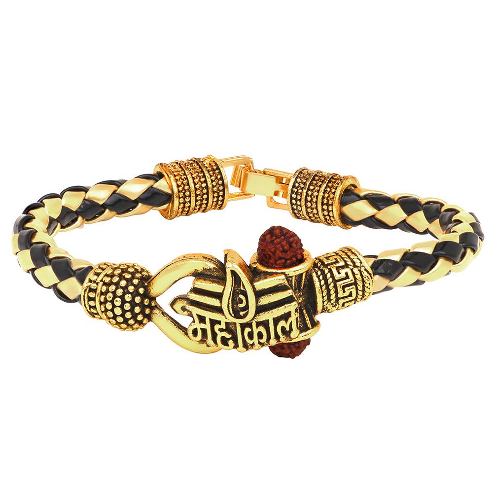 Mahi Trishul Om Shiva Mahakal Damroo Rudraksha Alloy and Leather Kada Bracelets for Men (BR1100440G)