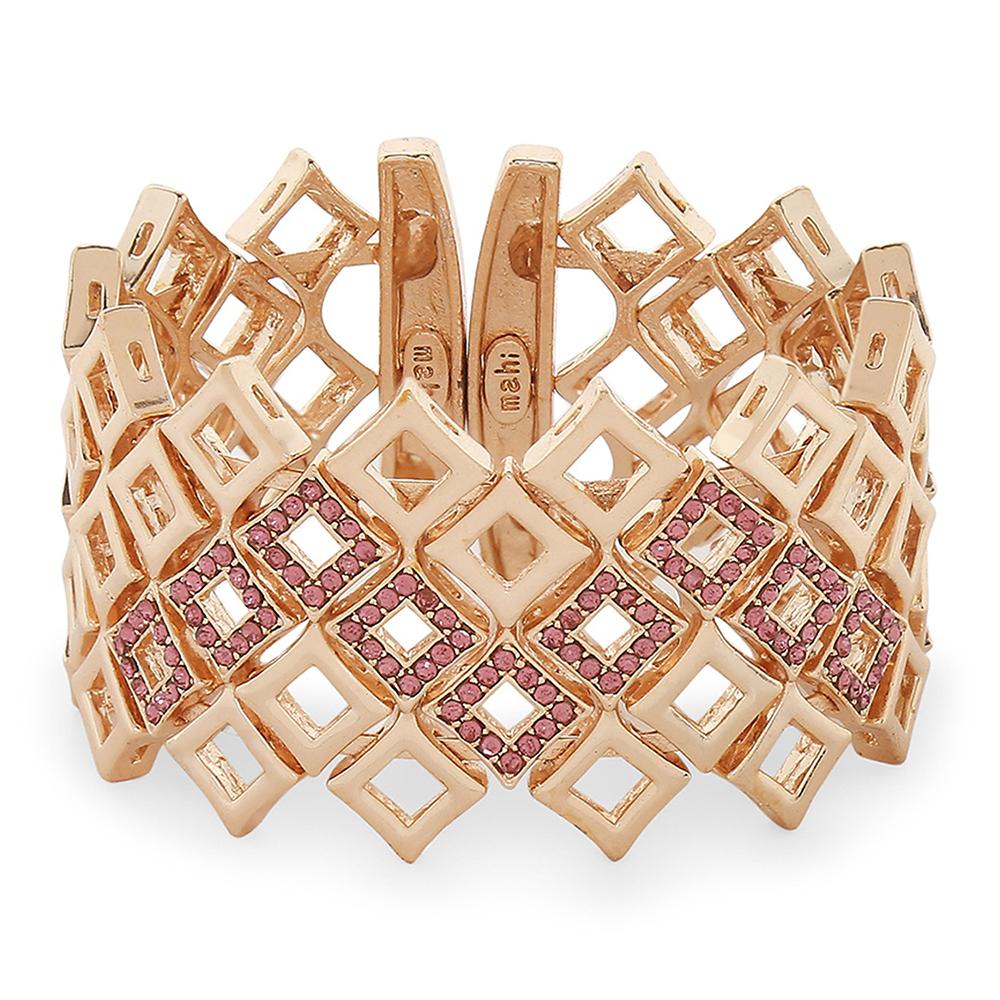 Mahi Squarish Rose Gold Plated Cuff Kada Bracelet with Pink Crystals for Women (BR1100442Z)