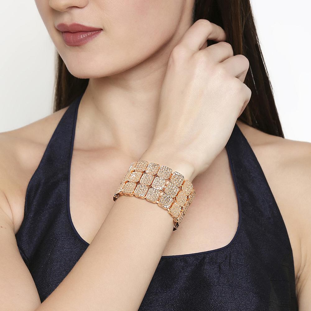 Mahi Square Rose gold Plated Kada Cuff Bracelet with White Crystals for Women (BR1100444Z)