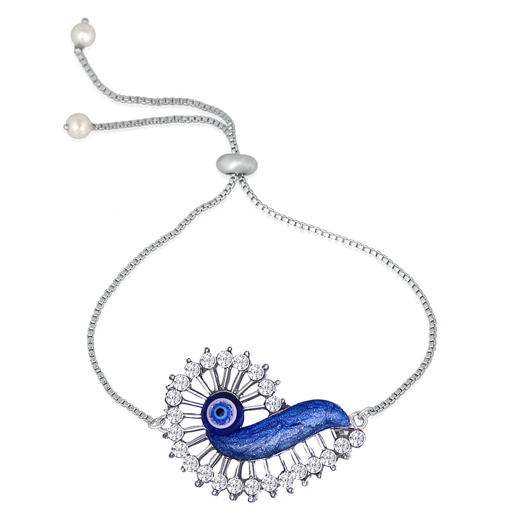 Mahi Silver Color Blue Meenakari work Evil Eye Adjustable Bracelet with Crystalsfor Girls (BR1100468R)