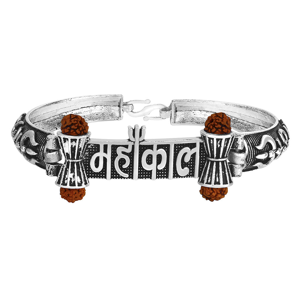Mahi Silver Oxidised Plated Trishul Mahakal Rudraksha Bracelet Kada for Mens (BR1100473R)