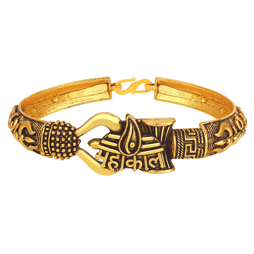 Mahi Antique Gold Plated Trishul Mahakal Bracelet Kada for Mens (BR1100474G)