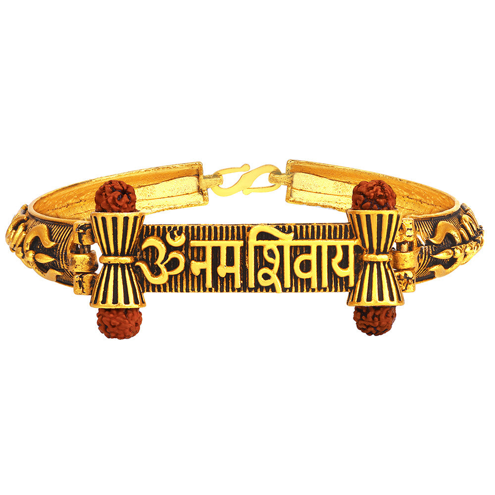 Mahi Antique Gold Plated Om Namo Shivay and Trishul Rudraksha Bracelet Kada for Mens (BR1100481G)