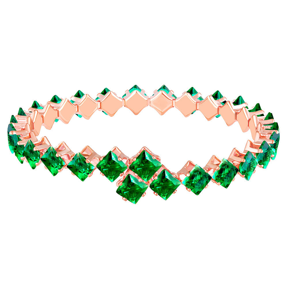 Mahi Rose Gold Plated Classic Princess Cut Green Cubic Zirconia Studed Adjustable Kada Bracelet for Women (BR1101012ZGre)