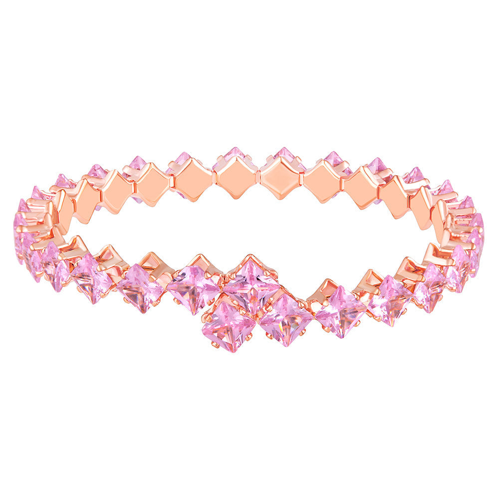 Mahi Rose Gold Plated Classic Princess Cut Pink Cubic Zirconia Studed Adjustable Kada Bracelet for Women (BR1101014ZPin)