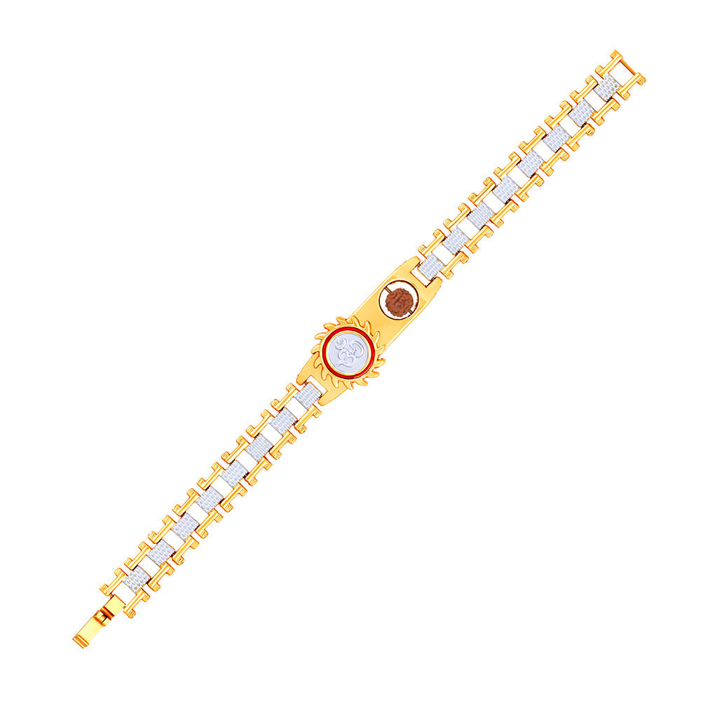 Mahi Gold and Rhodium Plated Om Sun Kada Bracelet with Rudraksha and Red Mee Work for Men (BR1101024M)