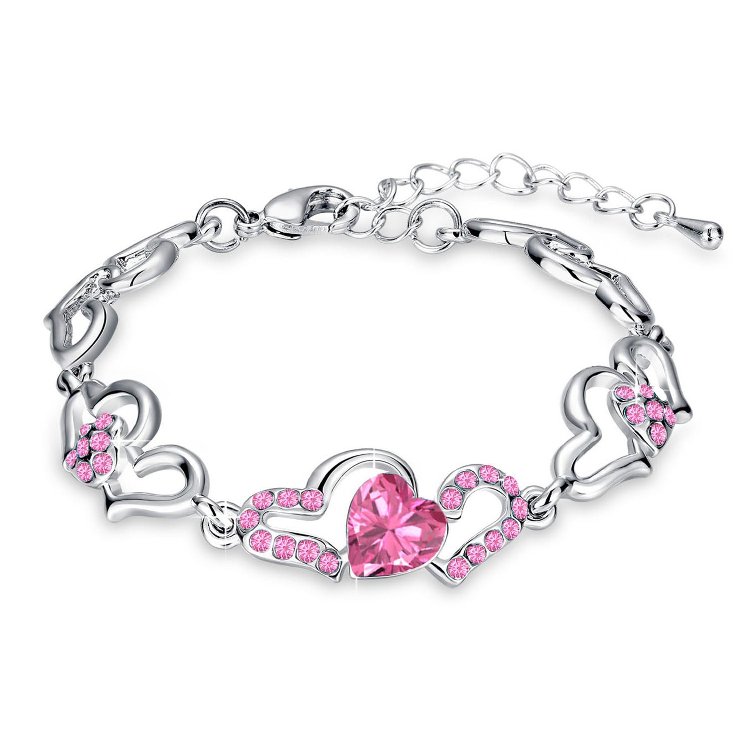 Mahi Rhodium Plated Valentine Collection Lovely Heart Link Bracelet with Pink Crystal stones