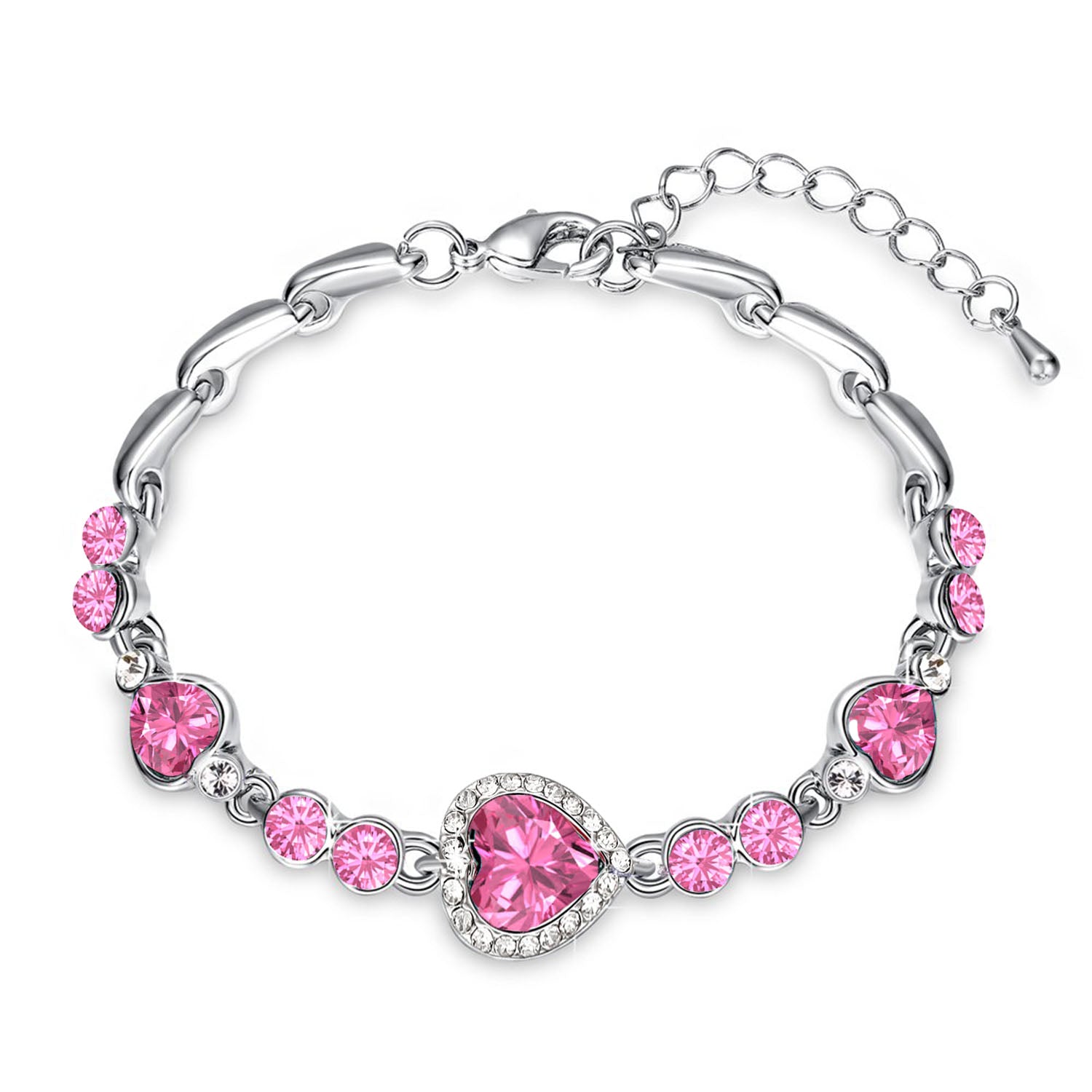 Mahi Rhodium Plated Valentine Collection Magical Love Heart Bracelet with Pink Crystal Stones
