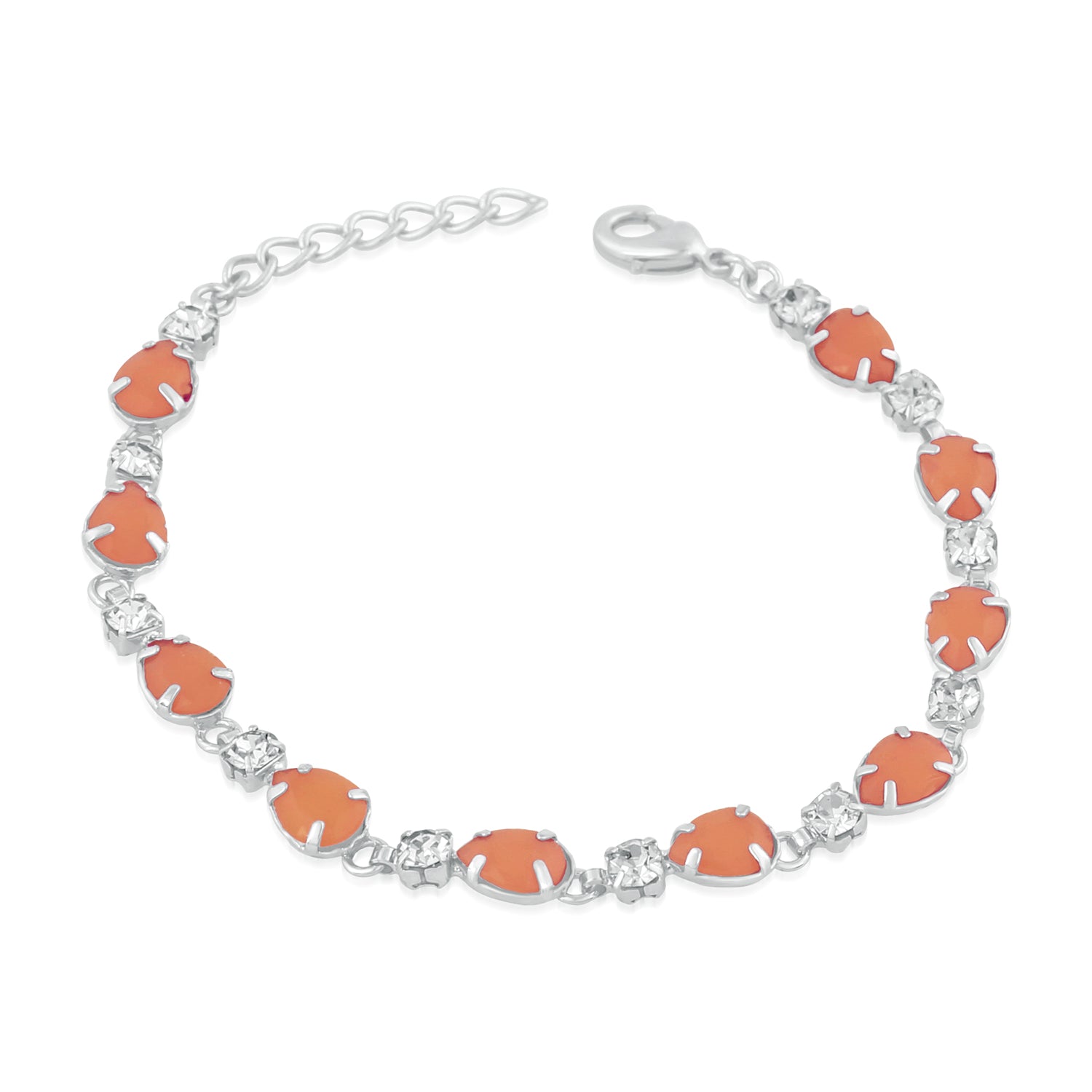 Mahi Rhodium Plated Orange Crystal link adjustable Bracelet for girls and women
