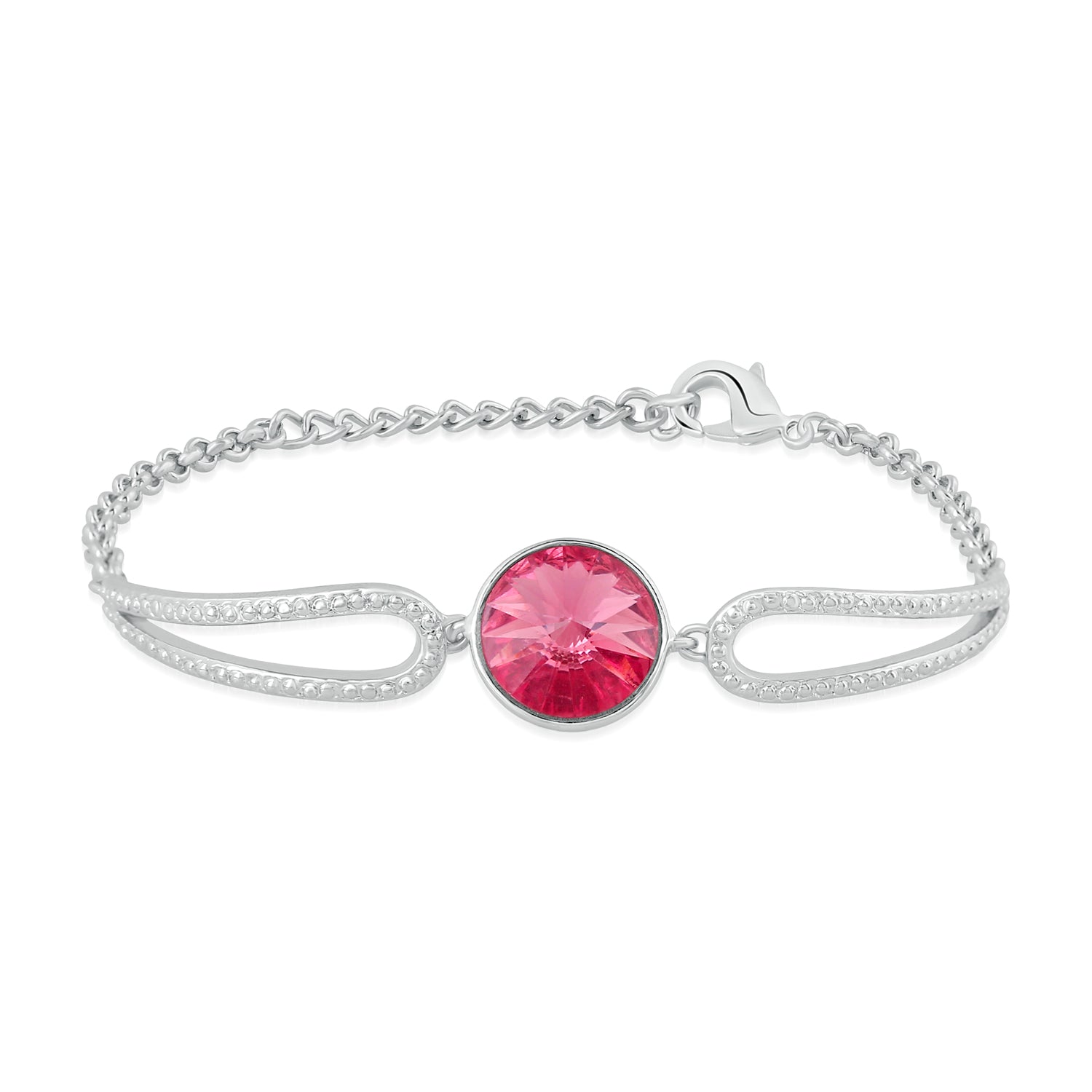 Mahi Rhodium Plated Solitaire Pink Crystal Adjustable Bracelet for girls and women