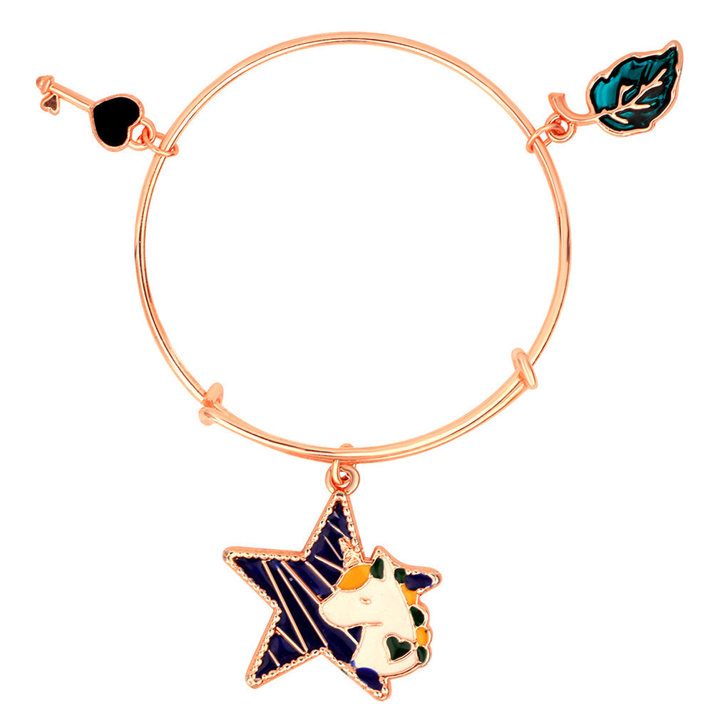 Mahi Leaf, Key & Star Unicorn Rose Gold Plated Enamel Work Charms Bracelet for Girls (BRK1100844Z)