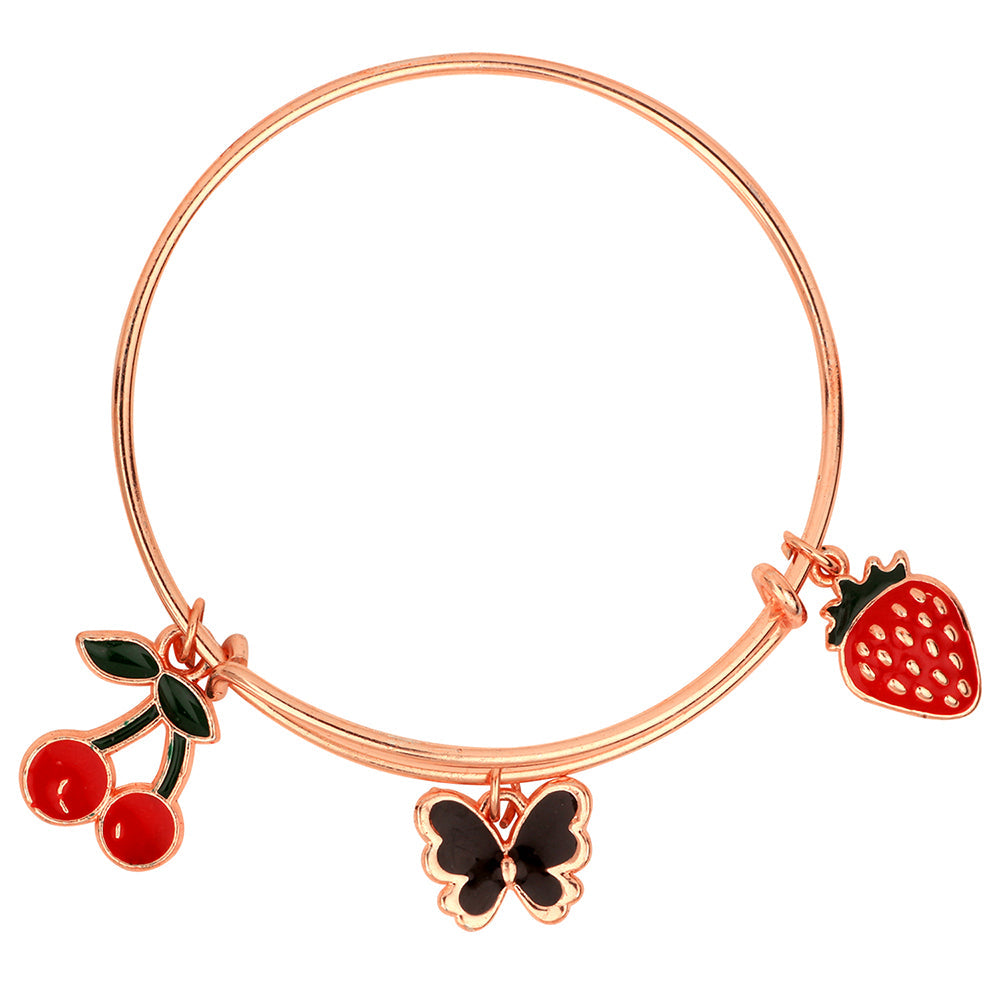 Mahi Cherry, Strawberry & Butterfly Shaped Rose Gold Plated Enamel Work Charms Bracelet for Girls (BRK1100864Z)
