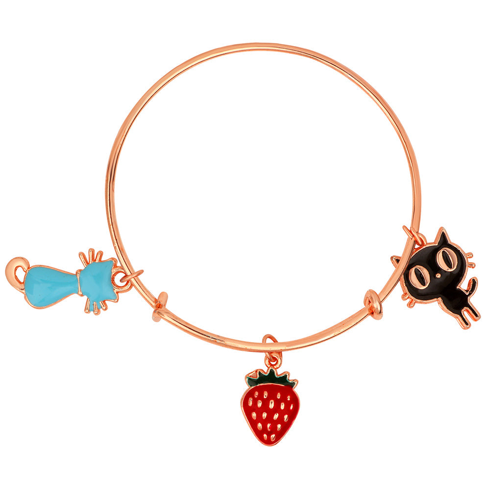 Mahi Strawberry & Cat Shaped Rose Gold Plated Enamel Work Charms Bracelet for Girls (BRK1100865Z)