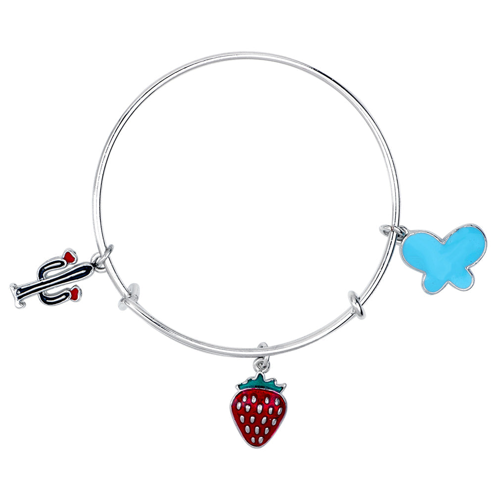 Mahi Cactus, Butterfly & Strawberry Shaped Enamel Work Charm Bracelet with Rhodium Plated for Kids (BRK1100895R)