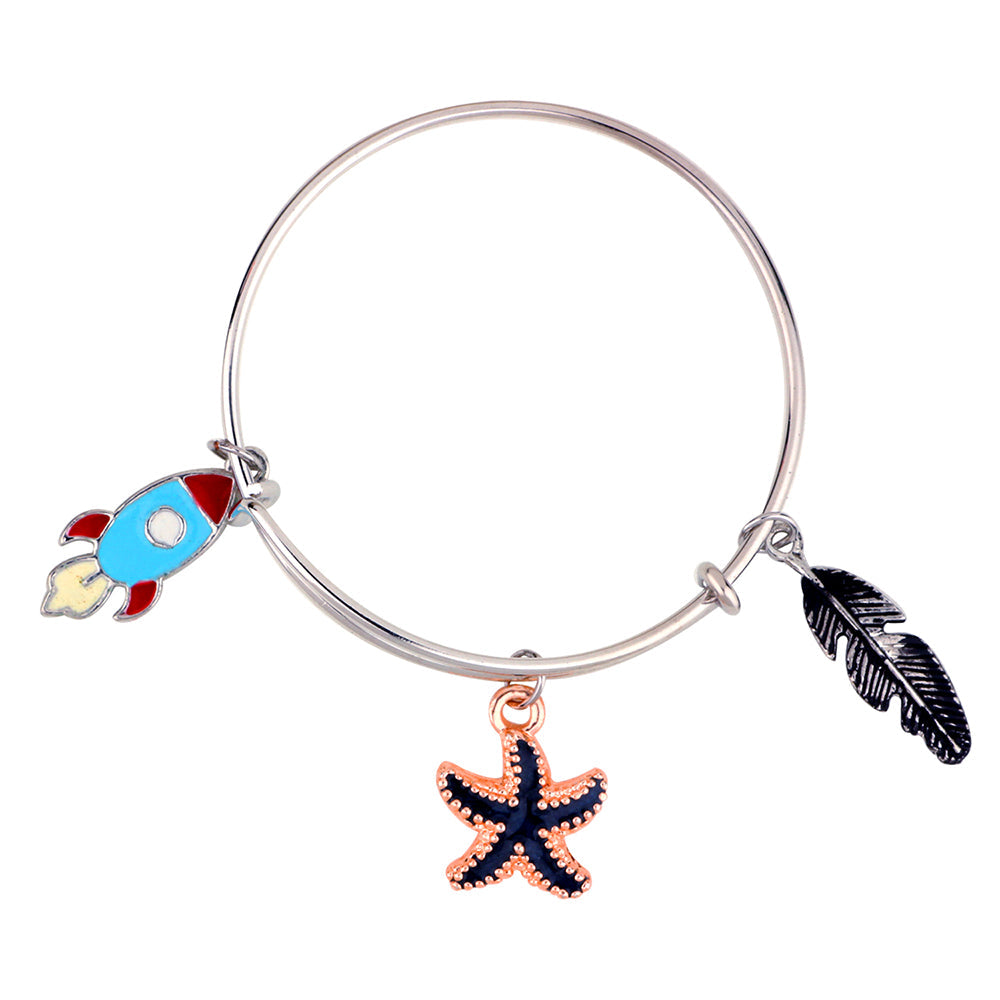 Mahi Rhodium Plated Star Fish Rocket & Feather Shaped Colorful Enamel Work Charms Kids Bracelets for Girls (BRK1100916M)