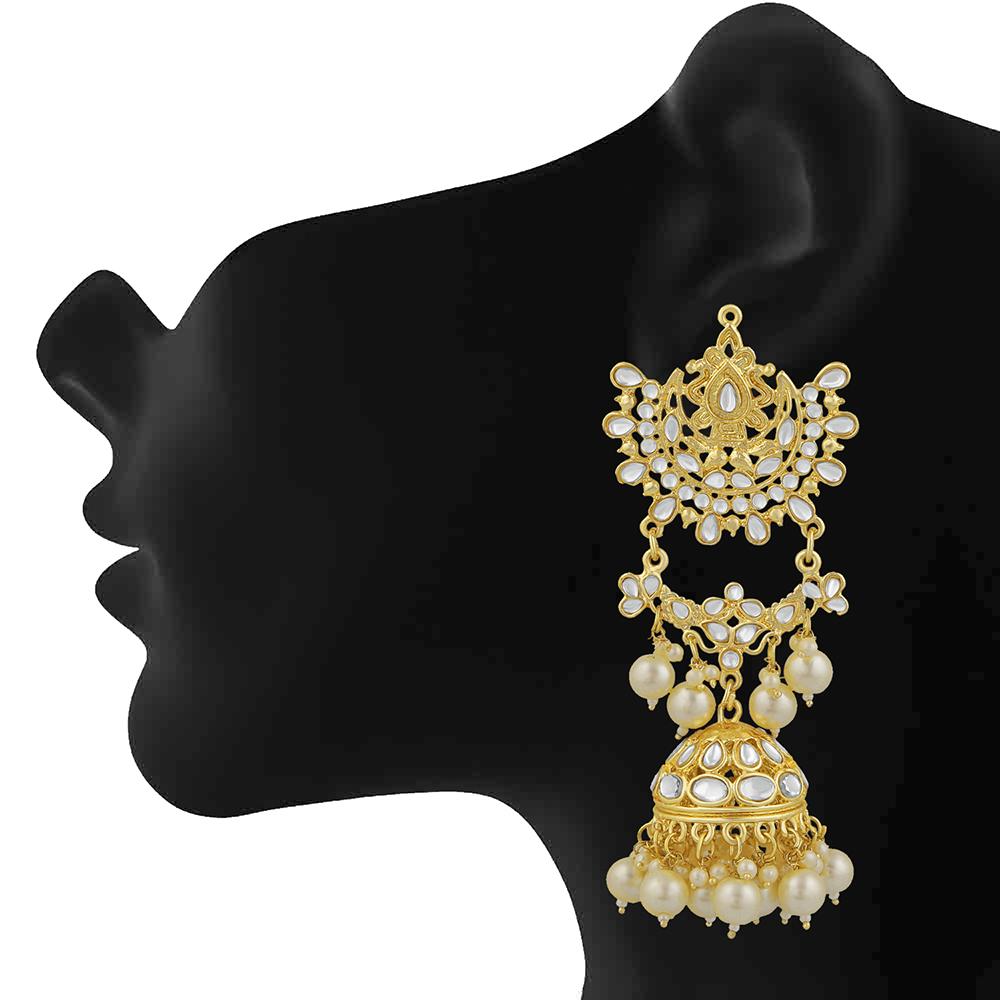 Mahi Ethnic Gold Plated White Kundan Long Dangler Jhumki Earring For Women VECJ100195