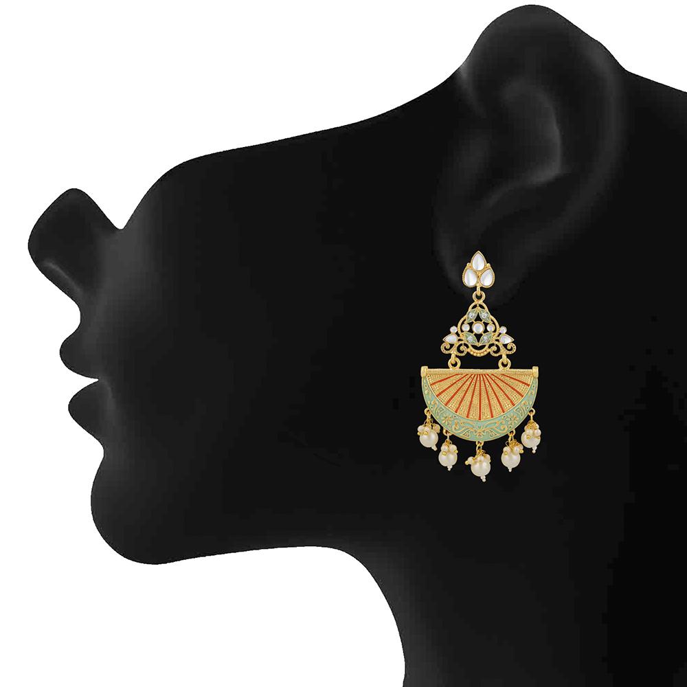 Mahi Gold Plated Traditional White Kundan Dangler Earring with Meenakri Work For Women VECJ100207