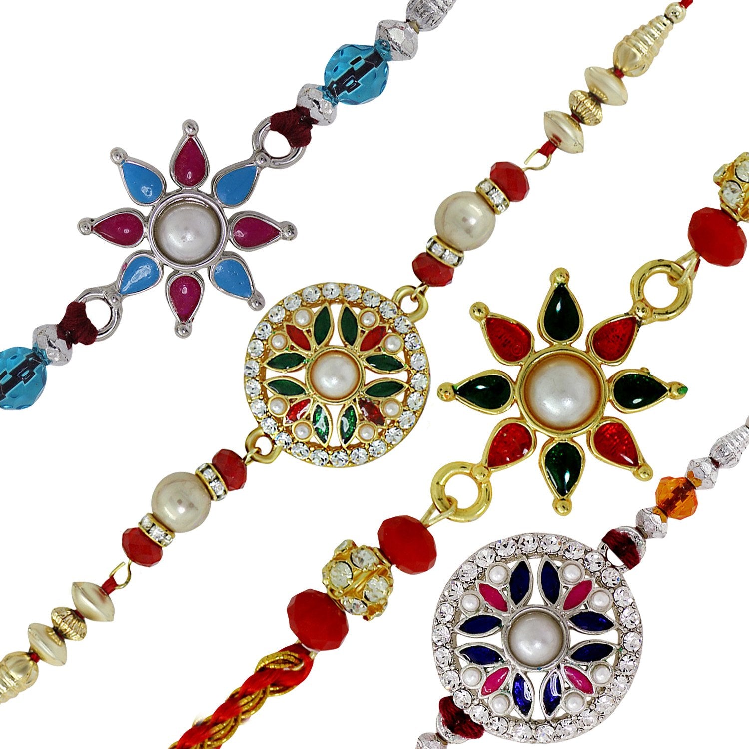 Mahi with Crystals and Beads assorted Combo of Four Rakhis (Bracelet) CO1104517M