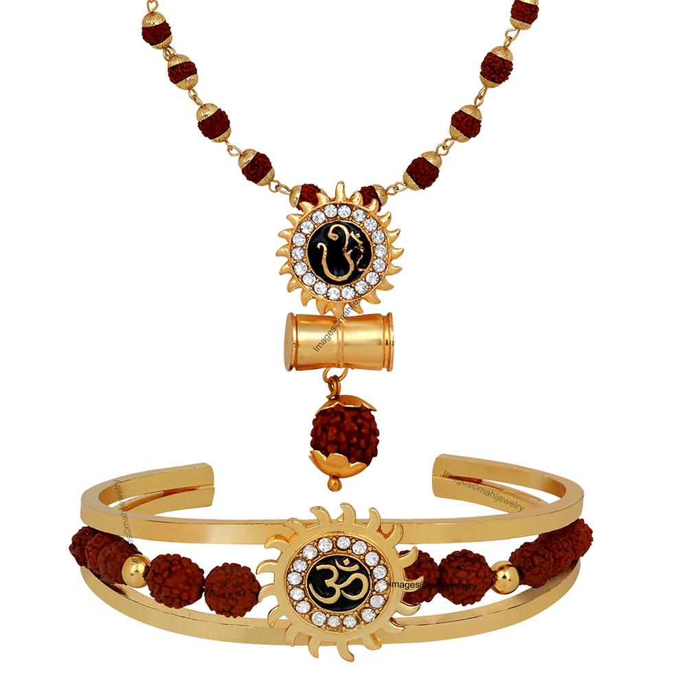 Mahi Combo of Om Sun Cuff Kada Bracelet and Pendant with 24 Inch Rudraksha Mala for Men (CO1105138G)