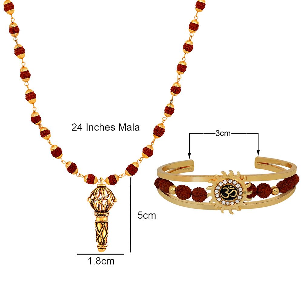 Mahi Combo of Om Sun Cuff Kada Bracelet and Hanuman Gada Pendant with 24 Inch Rudraksha Mala for Men (CO1105144G)