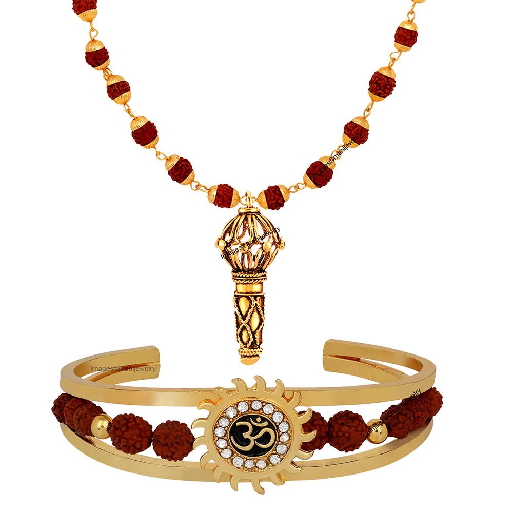 Mahi Combo of Om Sun Cuff Kada Bracelet and Hanuman Gada Pendant with 24 Inch Rudraksha Mala for Men (CO1105144G)