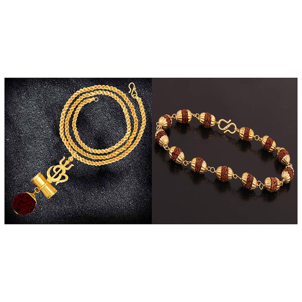 Mahi Combo of Trishul Om Pendant with 20 Inch Rope Chain and Rudrakshaa Bracelet for Men (CO1105151G)