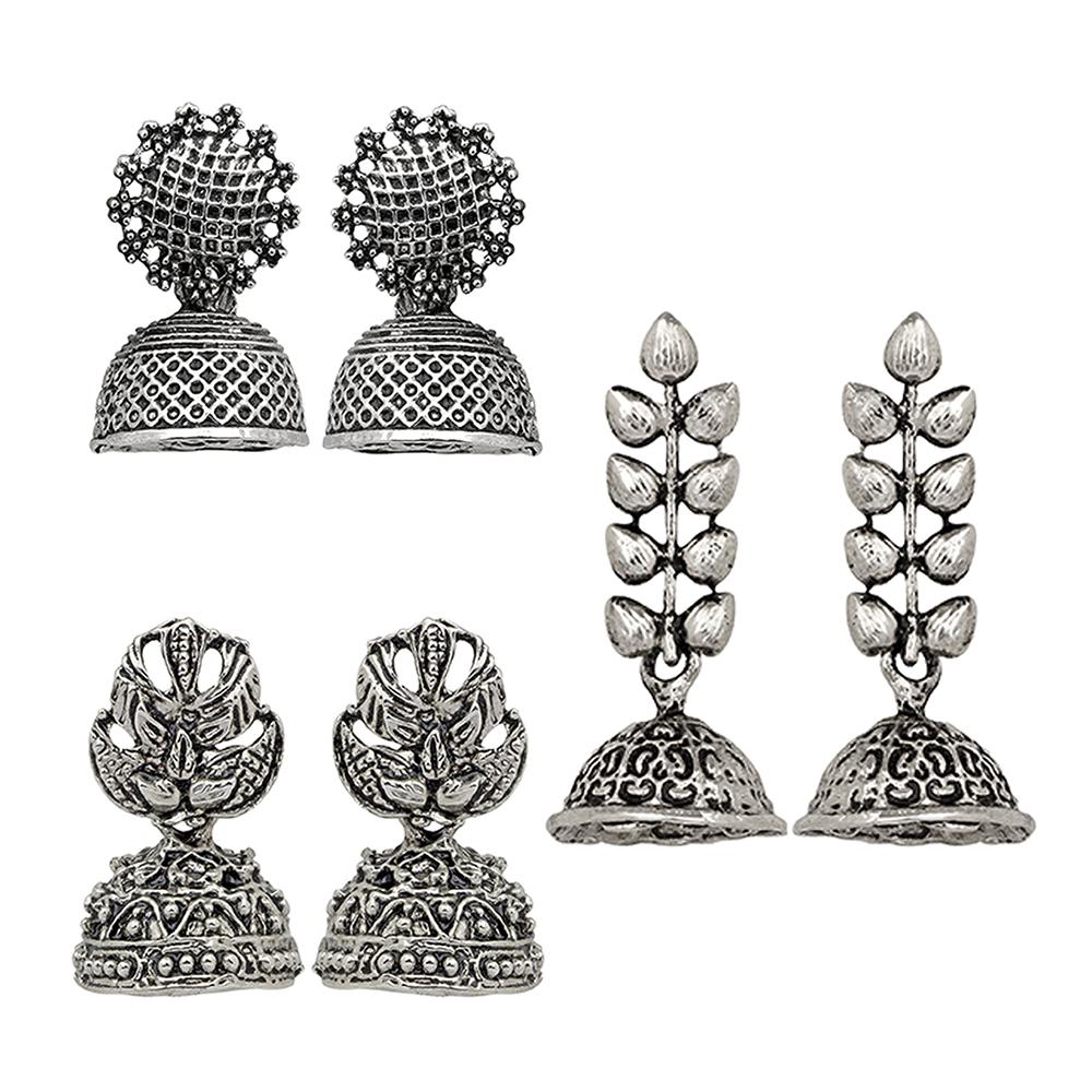 Mahi Combo of Traditional Ethnic Oxidized Silver Alloy Jhumka Earrings for Women (CO1105173R)